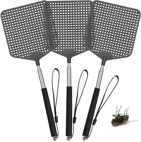 3 Piezas Matamoscas Cuadrado Extensible,matamoscas Manual,Matamoscas Telescópico Manual,Matamoscas con Mango Telescópico Robusto y Duradero,para Interior y Exterior,para Moscas y Mosquitos,Negro