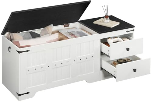 HOOBRO Wooden Toy Storage Bench, 120cm Storage Chest with Dual Drawers, Large Shoe Bench Storage Chest Trunk with Safe Hinge, Extra-Long Thick Top, Easy Assembly, White and Black WB212CW01UK