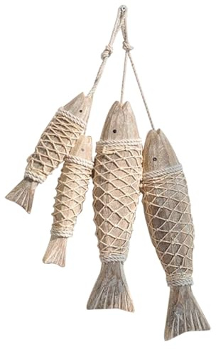 NONDK 4 Pack Antique Hand Carved Decor Wood Fish Sculpture Decor Ornament with Fishing Net