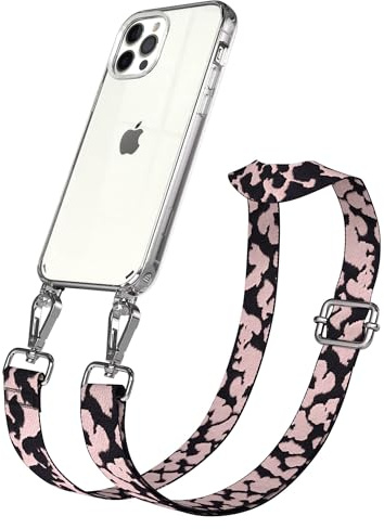 EAZY CASE Handykette - Verstellbares Taschenband kompatibel mit iPhone 12/12 Pro, Schulterriemen, Handykordel mit Silikon Hülle, Umhängetasche, Rosa Camouflage Silber