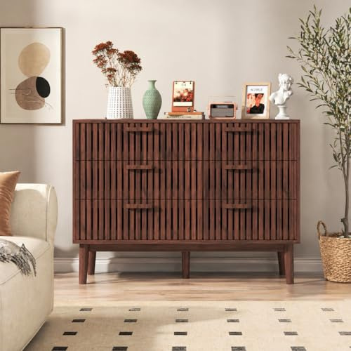 Kommode mit 6 Schubladen, 100 x 34 x 73 cm, Aufbewahrungsschrank Sideboard Holz, Schubladenschrank mit großem Stauraum für Wohnzimmer, Schlafzimmer, Linienmuster (Walnussholzfarbe, sechs Schubladen)
