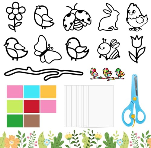 Yooyan 22 Stück Frühling Bastelset, Buntglas-Effekt Fensterbilder mit 16 Klebefolien, 32 Buntpapier & Schere, DIY Frühlingsdeko mit Blumen, Küken, Schmetterlingen für Fenster & Wände