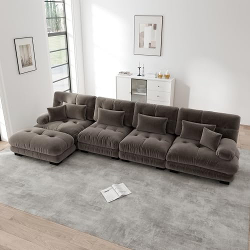 gonew21 Modulares L-Form Ecksofa mit Ottomane 4 Sitzer – L-förmiges Couch Set aus Chenille, beweglicher Ottoman, Tiefensitz – DIY Sofagarnitur Braun 406x145x81cm, flexibel kombinierbar, hochdicht