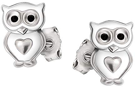 CLEVER SCHMUCK Eulen-Silber-Ohrstecker weiß lackiert mit Mini-Herz aus 925 Silber, Sterling Silber