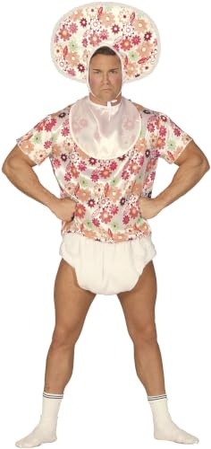 FIESTAS GUIRCA | Adult Baby Fancy Dress - Bib, Shirt, Bonnet and Nappy - Stag Do, Fancy Dress Parties and Celebrations - Ideal for Adult Men - White and Multicolour