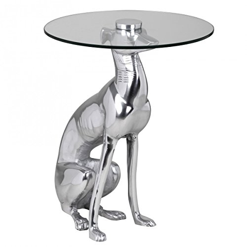Wohnling Design Beistelltisch Ø40cm Runder Couchtisch Hund 50 cm Hoch Aluminium Tierfigur Ausgefallener Wohnzimmertisch Silber Deko Tisch