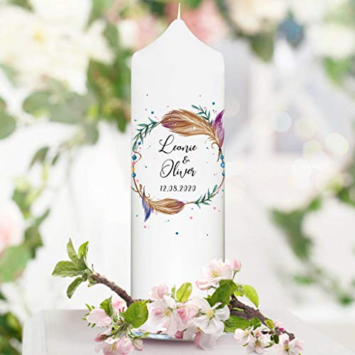 Wandtattoo Loft Hochzeitskerze personalisiert mit Namen und Datum, Motiv mit Federn Kranz, 25cm x 8cm, personalisierte Traukerze, Hochzeit Kerze selbst gestalten, Hochzeitsgeschenk, Valentinstag