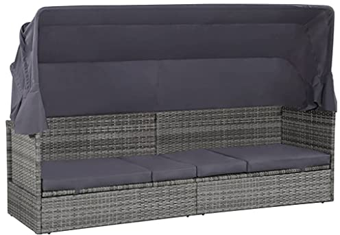 vidaXL Terrassen-Couch, Sonnenliege mit Baldachin und Kissen, Sonnenliege mit verstellbarer Rückenlehne, Terrassenmöbel für Veranda, graues Polyrattan
