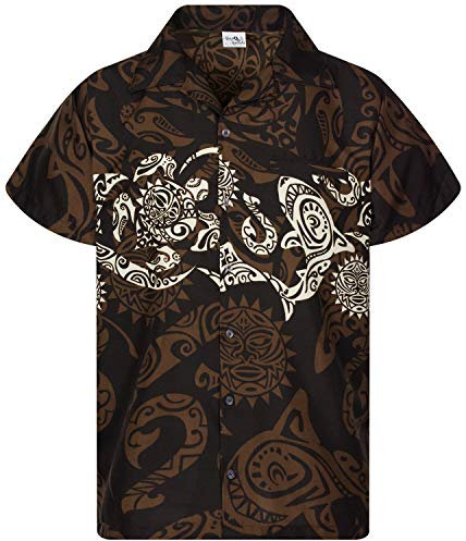 King Kameha Funky Chemise-Hawaienne, Manche-Courte, Maori-Chest, Marron, S