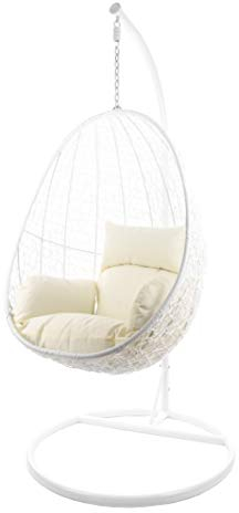 Kideo Komplettset: Hängesessel mit Gestell & Kissen, Lounge-Möbel, Poly-Rattan (Gestell- und Korbfarbe: weiß, Kissen: Elfenbein Nest (0050_Ivory))