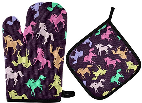 Mnsruu Ofenhandschuh und Topflappen-Set mit Cartoon-Einhorn-Motiv, hitzebeständig, Küchenhandschuh zum Kochen, Backen, Grillen, Grillen