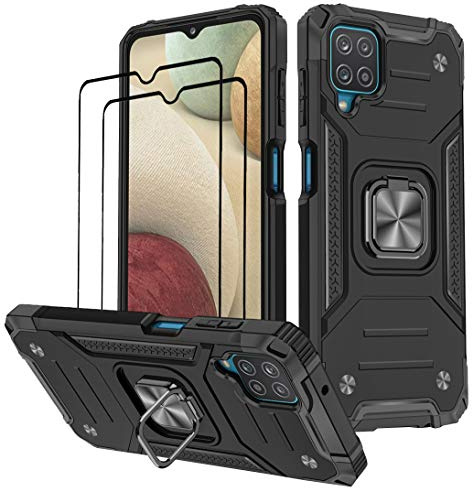 KANSi Coque Compatible pour Samsung Galaxy A12, Verre Trempé [2 Pièces] Housse TPU Silicone Rotation 360° Aimant Anneau Support Double Défense Protection Etui pour Samsung A12 - Noir