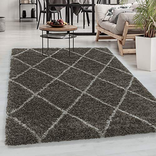 Carpetsale24 Hochflor Teppich Taupe 140x200 cm Rauten Design Flauschig-Weich Langflor Wohnzimmerteppich Skandinavischer Stil Shaggy Teppich