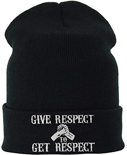 Lustige Strickmütze - Warme Wintermütze mit Spruch Give Respect to get Respect - Biker Beanie für Damen und Herren - Unisex Wollmütze - Heavy Metal Haube mit Spruch