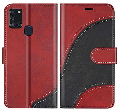 BoxTii Hülle für Galaxy A21S, Leder Handyhülle für Samsung Galaxy A21S, Ledertasche Klapphülle Schutzhülle mit Kartenfächer und Magnetverschluss, Rot
