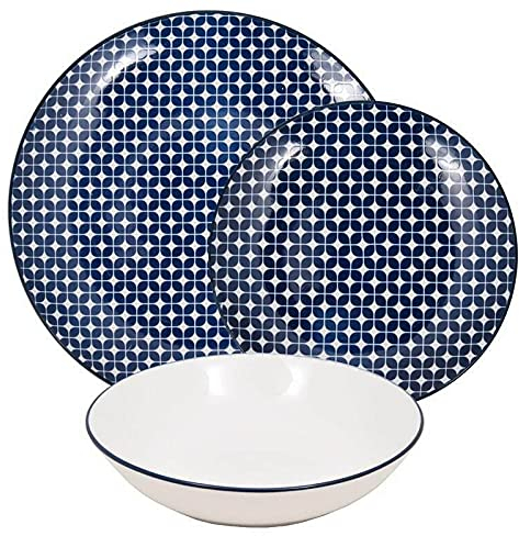 REPLOOD Servizio Piatti 18pz Tavola Cucina Per 6 Persone Piatto Acqua Naxos Bianco e Blu