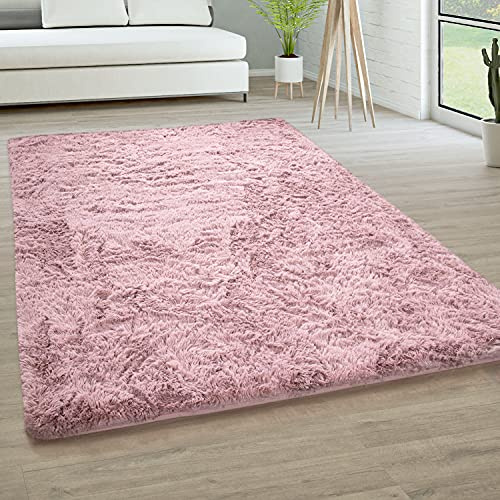 Paco Home Hochflor Teppich Wohnzimmer rutschfest Fellteppich Shaggy Flauschig Weich Modern Kunstfell Fell Imitat Einfarbig, Grösse:200 cm Rund, Farbe:Alt-Rosa