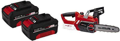 Einhell 4501761 GE-LC 18/25 Li Power X-Change 18V Cordless Chainsaw | 10 Inch (25cm) Oregon Bar and Blade Chain, Black, Red & Power X-Change 18V, 4.0Ah Lithium-Ion Battery Twin Pack 2 x 4,0Ah