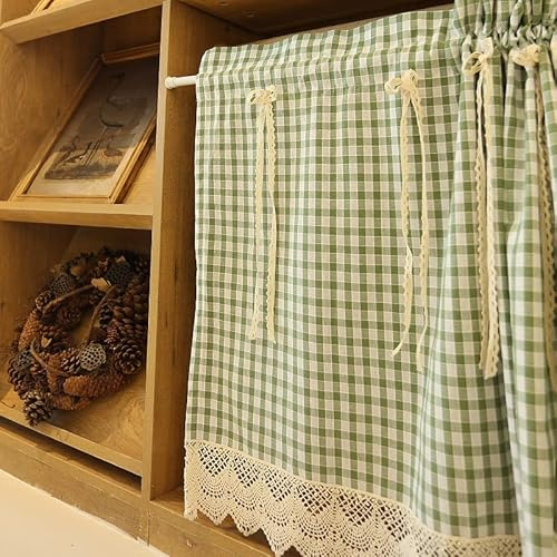 A.Monamour Short Curtain Cotton Green Check Plaid Gingham Embroidered Lace with Bows Opaque Window Treatment Valance Panel Drapes Half Curtain for Kitchen Café Bedroom Cabinet Curtain Door Curtain