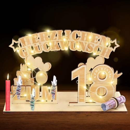 Meleager Geldgeschenke 18 Geburtstag,18.Geschenke Dekoration mit LED Lichterkette,Geschenke aus Holz zum 18 Geburtstag Mann Frau,Geldgeschenke Geburtstag Holz für Jungen und Mädchen