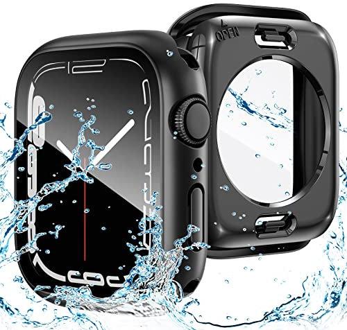 Goton 2 in 1 Waterproof Case for Apple Watch Screen Protector 44mm SE 2nd Gen Series 6 5 4 SE, 360 Protective Glass Face Cover Hard PC Bumper + Back Frame for iWatch 6 5 4 SE Accessories 44 mm, Black
