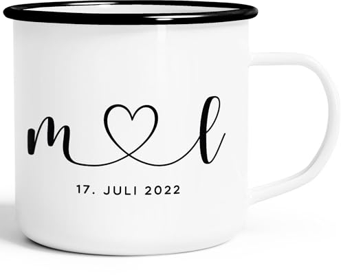 SpecialMe® Emaille-Tasse Hochzeit personalisiert mit Initialen Anfangsbuchstaben und Herz Datum Hochzeitsgeschenk emaille-weiß-schwarz standard