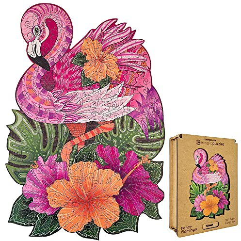 Lubiwood Verspielters Tierform-Holzpuzzle (29x21 cm) - Fördert Beobachtungsfähigkeiten und Zufriedenheit - kommt mit Holzgeschenkbox - Perfekt für Erwachsene (Ausgefallener Flamingo, Medium (A4))