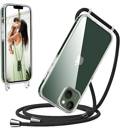Oududianzi - Coque Compatible avec iPhone 13 Cordon Case, Housse Étui de Téléphone Couvrir avec Lanière Pratique Cordon, Transparente Silicone TPU Bumper Souple Lanyard Case Tour de Cou Chaîne - Noir