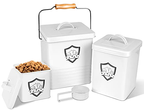 Zvonema Hundefutter Aufbewahrung-Tierfutterbehälter, Futtertonne Hund 3er-Pack,Metall futterbox Behälter,Futterbehälter für Haustiere mit Deckel und Schaufel,Luftdicht,für Hunde und Katzen,Weiß