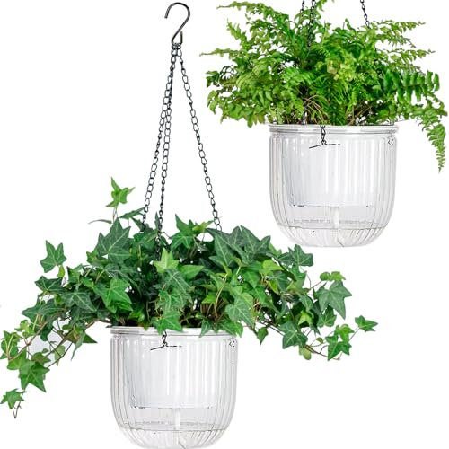 Josteve 6.5 Inch 2 Pcs Self Watering Hanging Planter Indoor Plant Pots with Drainage Holes, Outdoor Hanging Planters Flower Pot Basket, Visible Water Level, Plant Hanger Home Decor, Gardening