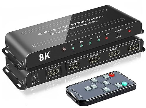 ROOFULL Conmutador HDMI 2.1 de 4 puertos 8K 4 en 1 salida 8K a 60Hz 4K a 120Hz HDMI Switcher Selector con soporte remoto 48Gbps HDR 10+ Dolby Vision/Atmos HDCP 2.3 CEC para PS5 4 Pro Xbox Apple TV