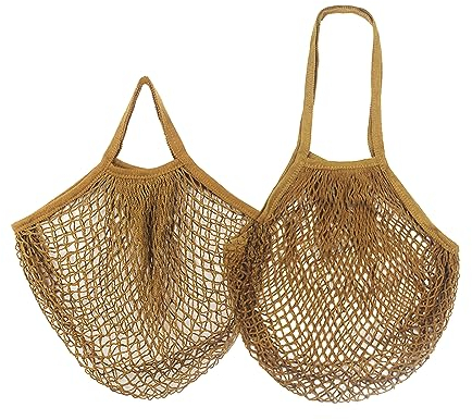 Fayemint 2 Stück Einkaufsnetz Baumwolle, Obst Netztasche Veranstalter, Einkaufstasche aus Baumwollnetz, für Obst, Gemüse, Snacks und Andere Waren mit Großem Fassungsvermögen (Braun)