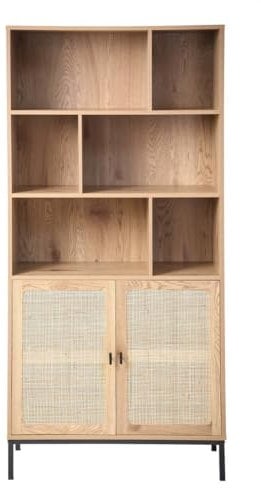 Calicosy - Bücherregal 6 Fächer 2 Türen Rattan - Holzoptik - Bibliothèque - Metalloberflächen - Regale, Schränke - Wohnzimmer, Salon, Schlafzimmer - Exotisches Industrial Design - B80 x T35 x H175 cm