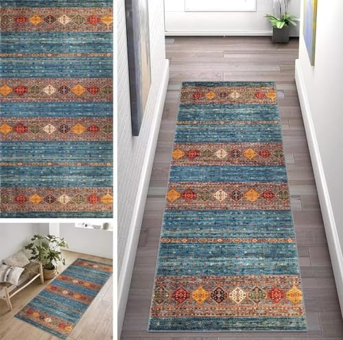 ZUZEKU Boho Marokko Läufer Flur Küche Waschbar rutschfest 80X130cm Lang Blau Vintage Küchenteppich Flurteppich Teppich Fur Korridor Wohnzimmer Schlafzimmer Meterware Anpassbar