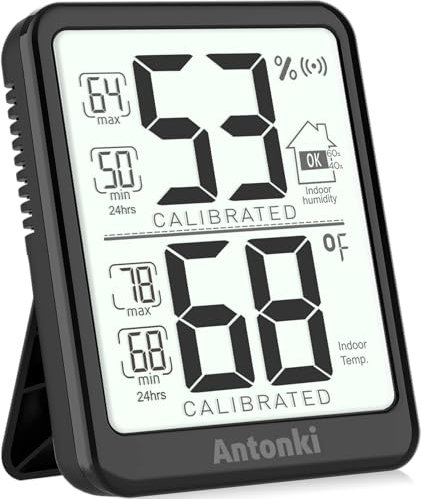 Antonki HygrometreThermometre Interieur, Numérique Hygrometre Thermomètre Intérieur avec Moniteur de Température et d'Humidité, Thermomètre D'ambiance à Jauge d'Humidité Précise - Batterie Incluse