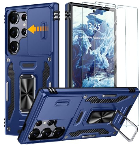 GOLDJU For Samsung Galaxy S24 Ultra Case with Built In Slide Camera Cover & Rotatable Kickstand Ring [2 Screen Protectors] Military Shockproof Protective Case Blue