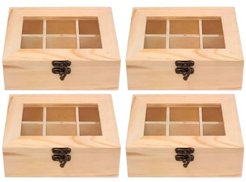 Acan Tradineur - Pack de 4 Cajas de Madera con 6 Compartimentos y Tapa con Cristal - Cuadrado, Expositor de Joyas, Organizador, joyero, Collares - 5 x 14 x 10 cm