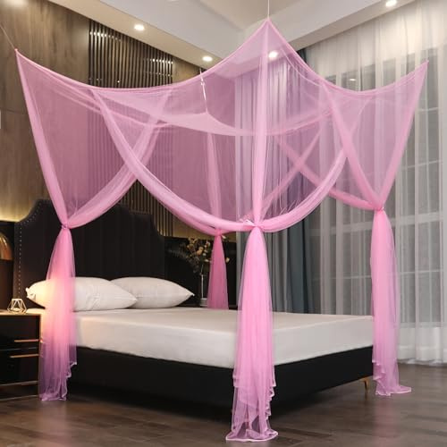ZIQINPSQ Moskitonetz Doppelbett und Einzel Bett,großes Mückennetz für Bett,feinste Löcher,Quadratische Moskitonetz Reise,Insektenschutz,4 Einträge,einfache Anbringung. (200 x 220 x 210cm, Hellpink)
