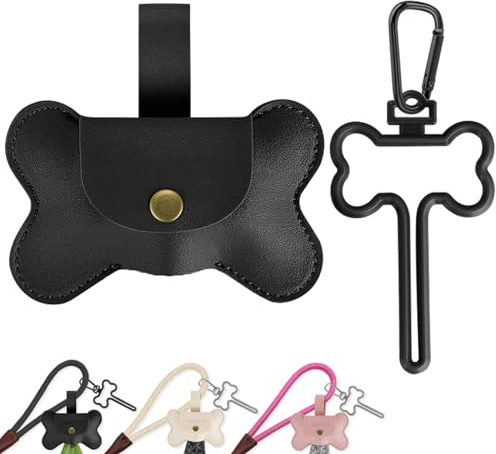 Duuclume Hundekotbeutelspender aus Leder zur Befestigung der Leine, freihändige Kotbeutelhalter mit Karabiner-Clip, Kaninchen-Müllbeutelträger für Spaziergänge, Laufen, Fahrradzubehör, Schwarz