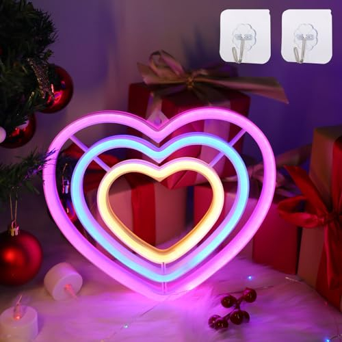 Herz-Neonschild, Herz-Neonlicht, batteriebetrieben oder USB-betrieben, LED-Neon-Herzlicht, Ohr-Neon-Regenbogen-Lichtschild für Party, niedliche Valentinstag-Dekoration und Geschenk, Heimdekoration