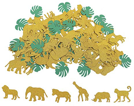 Topfunyy Konfetti, Design: Dschungeltiere, Safari, goldfarben, glitzernd, zoomförmig, Konfetti für Babyparty, Kindergeburtstag, 100 Stück