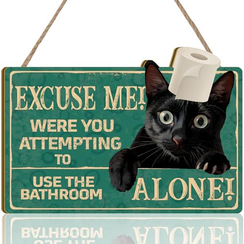 KAIRNE Funny Cat Sign,Black Cat Wall Plaque Bathroom,“Were You Attempting To Use The Bathroom Alone”Funny Cat Quotes Wall Sign Cute Pet Plaque Sign Cat Toilet Sign Paper Hanging Sign For Home Decor