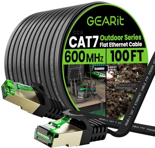 GEARit Cat 7 Outdoor Flat Ethernet Cable (100ft, Black) Direct Burial Rated LLDPE Jacket - Indoor Cat7 Shielded FTP 600MHz 10Gbps High Speed Gaming Computer Network RJ45 Snagless Patch Cord Internet