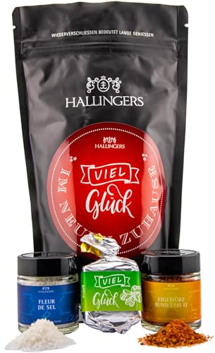 Hallingers Genuss Manufaktur Feinkost Glückwunsch-Geschenk-Set - wertig in der Wundertüte Viel Glück im n... kleiner Einzugsgruß Nougat-Busserl, Salz & Ei-Gewürz, Geschenkidee für Frauen Männer