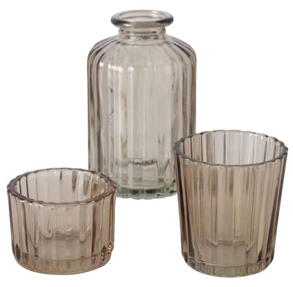 Seaside No.64-3er- Set aus Windlichtern und Vase - Riffeloptik - in DREI gemütliches Ambiente in deinem Zuhause - Teelichthalter Stabkerzenhalter Gräser Blümchen (Braun)