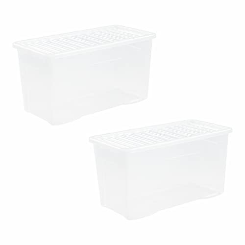 PACK OF 2 Large Storage Box with Lid Strong Plastic Stackable Nestable Container Home Office Clear (110 Litre)