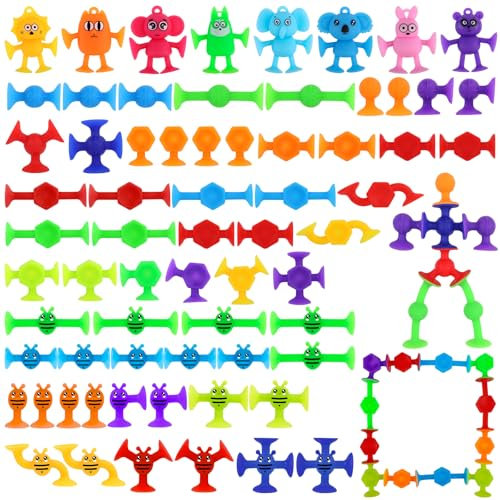 FINEASY 67 Stück Saugnapf Spielzeug Kinder, Niedliche Badewannenspielzeug, Bunt Saugnapf Spielzeug Baby, Montessori Spielzeug ab 3 Jahre, Weiches Badespielzeug ab 3 Jahre für Mädchen Jungen