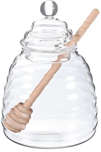 sourcing map Pot à miel en verre de 382,7 g avec cuillère en bois et couvercle pour la maison et la cuisine