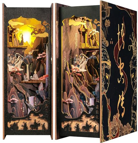 Fsolis Book Nook Kit-DIY Puppenhaus Holz Haus, Buch Ecke Miniatur Kit für,modellbausatz Bücherregaleinsatz mit Sensor Led Licht,Beliebte Geschenke für Jungen (The Legend of WU Kong)