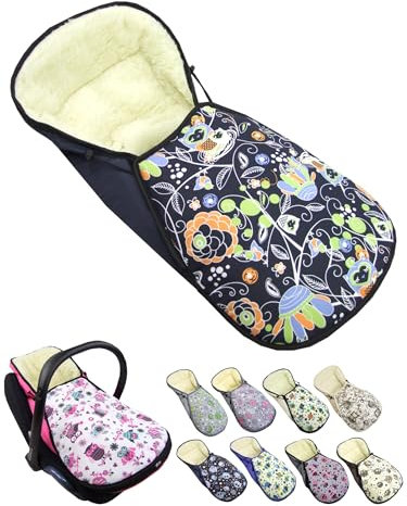 Fußsack für Babyschale [Winterfußsack] für Kinderautositz kompatibel mit Maxi Cosi Babyschalen Gruppe 0+ Lammwolle Sitzauflage verstellbar (Eule 8)